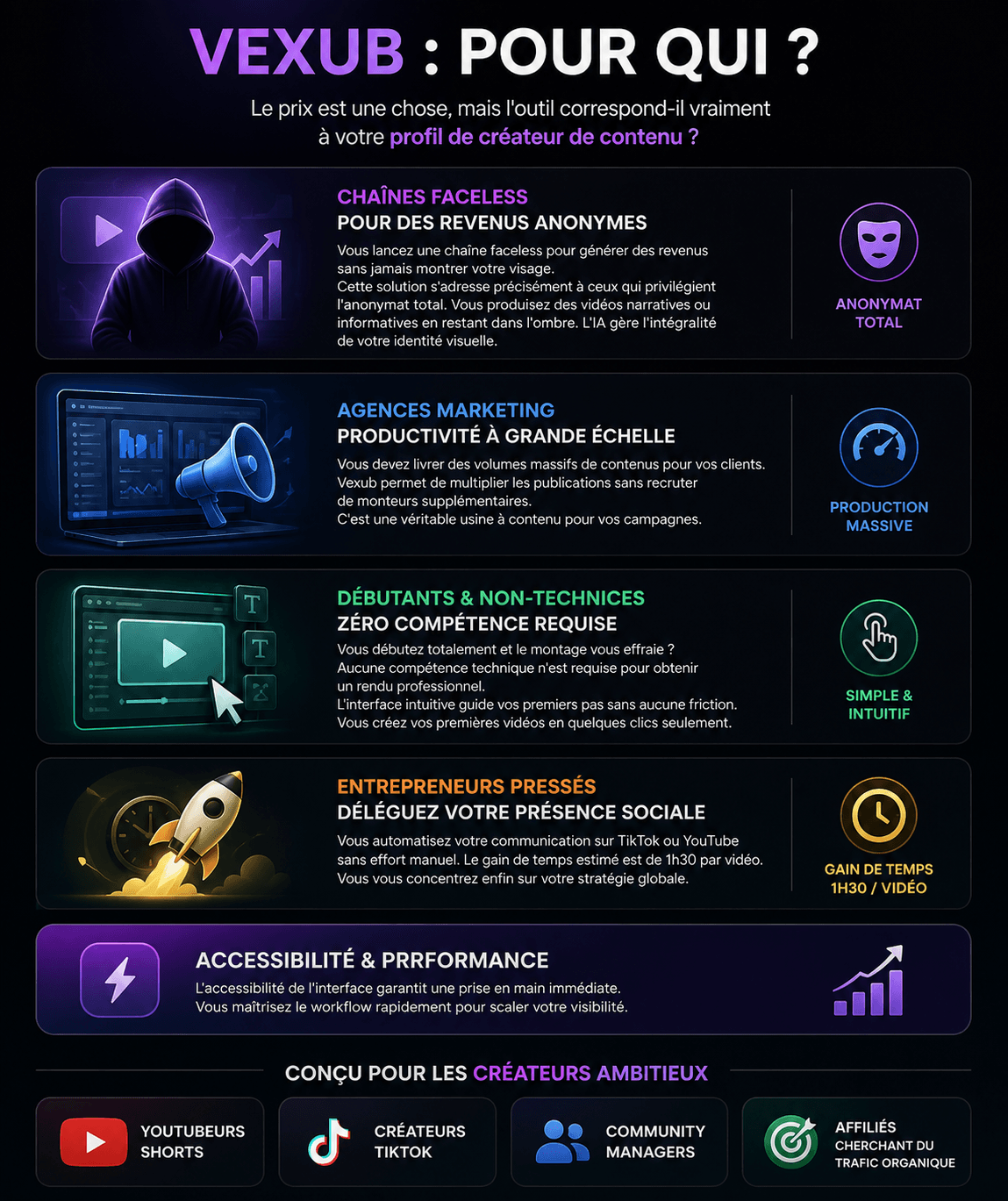 Infographie présentant les profils d’utilisateurs de Vexub : chaînes faceless,
