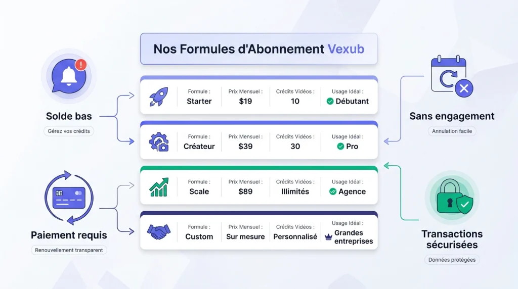 Les tarifs Vexub sont avantageux et permettent de produir plusieurs vidéos par mois. 